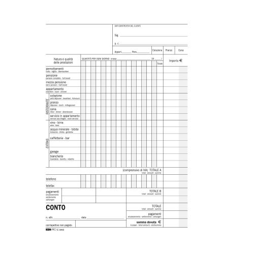 BLOCCO CONTO ALBERGO/PENSIONE 15GG 23X15CM 100FG USO MANO E5965